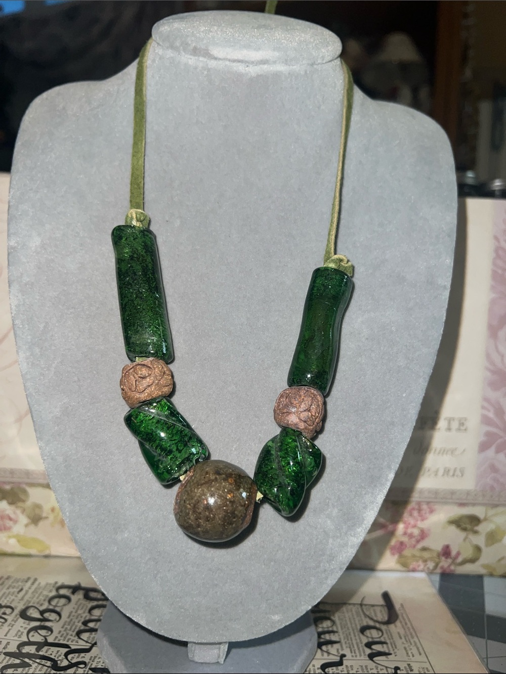 Artisan boho Green Glass Bead Statement Necklace with Earthy Accents